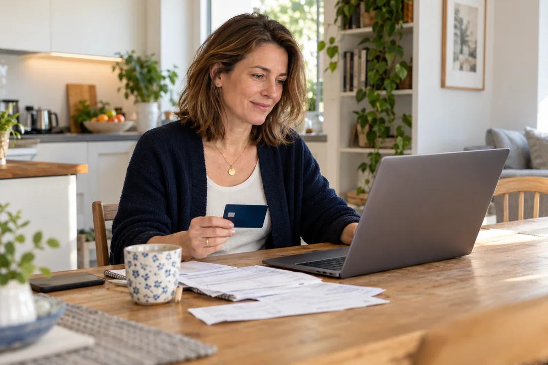 Eine Frau organisiert am Laptop ihre Haushaltszahlungen und hält eine neutrale Bankkarte
