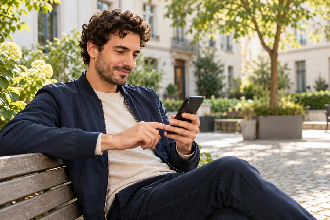 Ein Mann prüft sein Smartphone auf einer Bank in einem begrünten Innenhof
