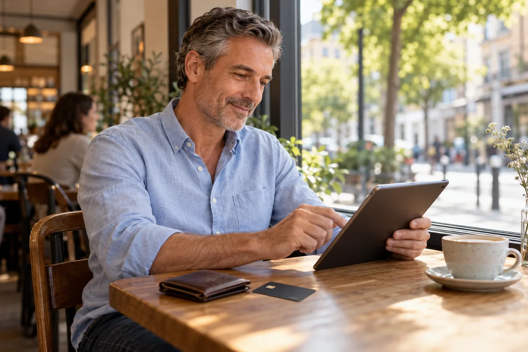 Ein Mann nutzt im Café ein Tablet; eine neutrale Bankkarte liegt neben seinem Portemonnaie