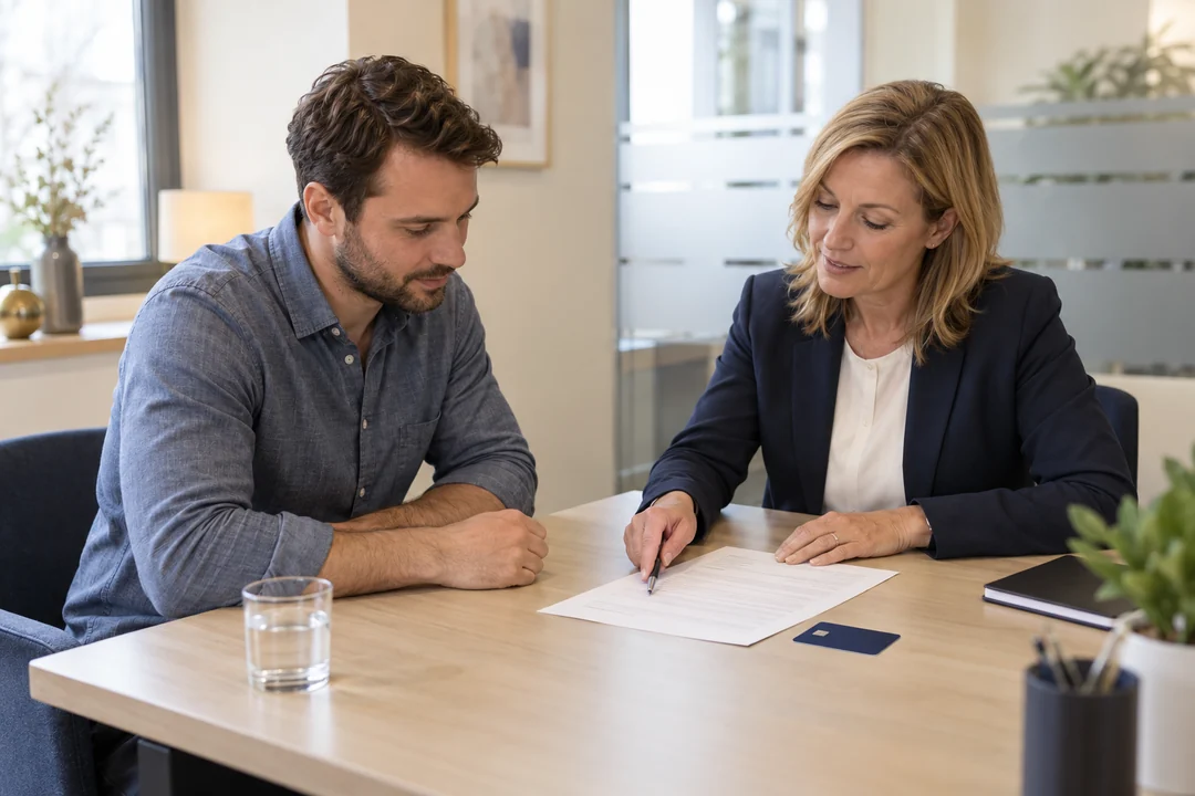 Ein Kunde bespricht Konto-Unterlagen an einem Bankschalter