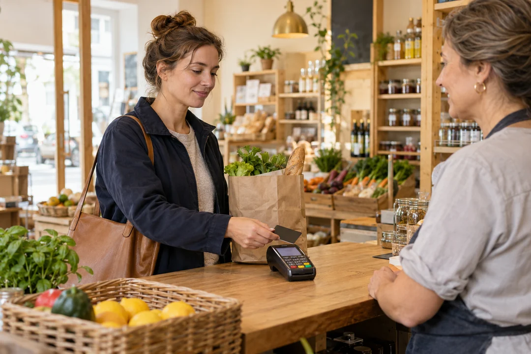 Eine Frau bezahlt ihren Einkauf mit einer neutralen Bankkarte