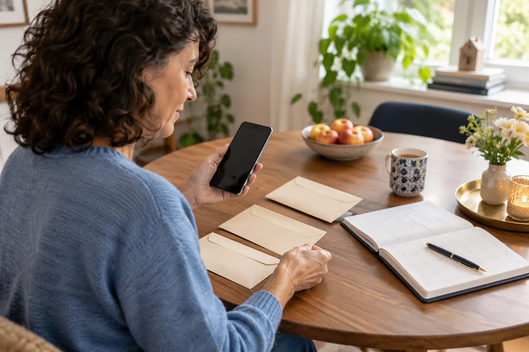 Eine Frau prüft ihre Finanzen am Smartphone neben einem Monatsplaner