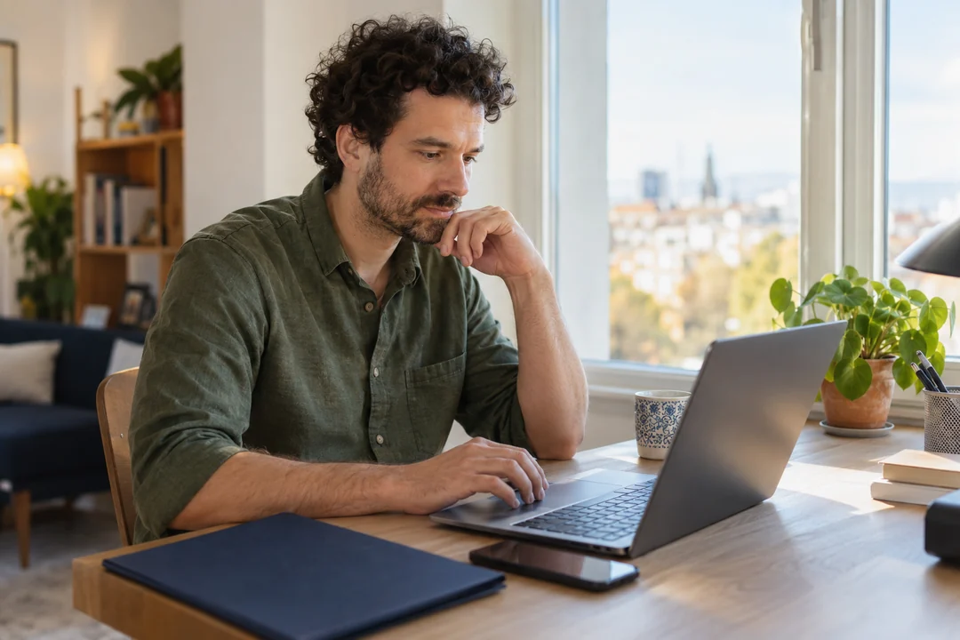 Ein Mann prüft am Laptop einen Onlineantrag und hält seine Unterlagen bereit